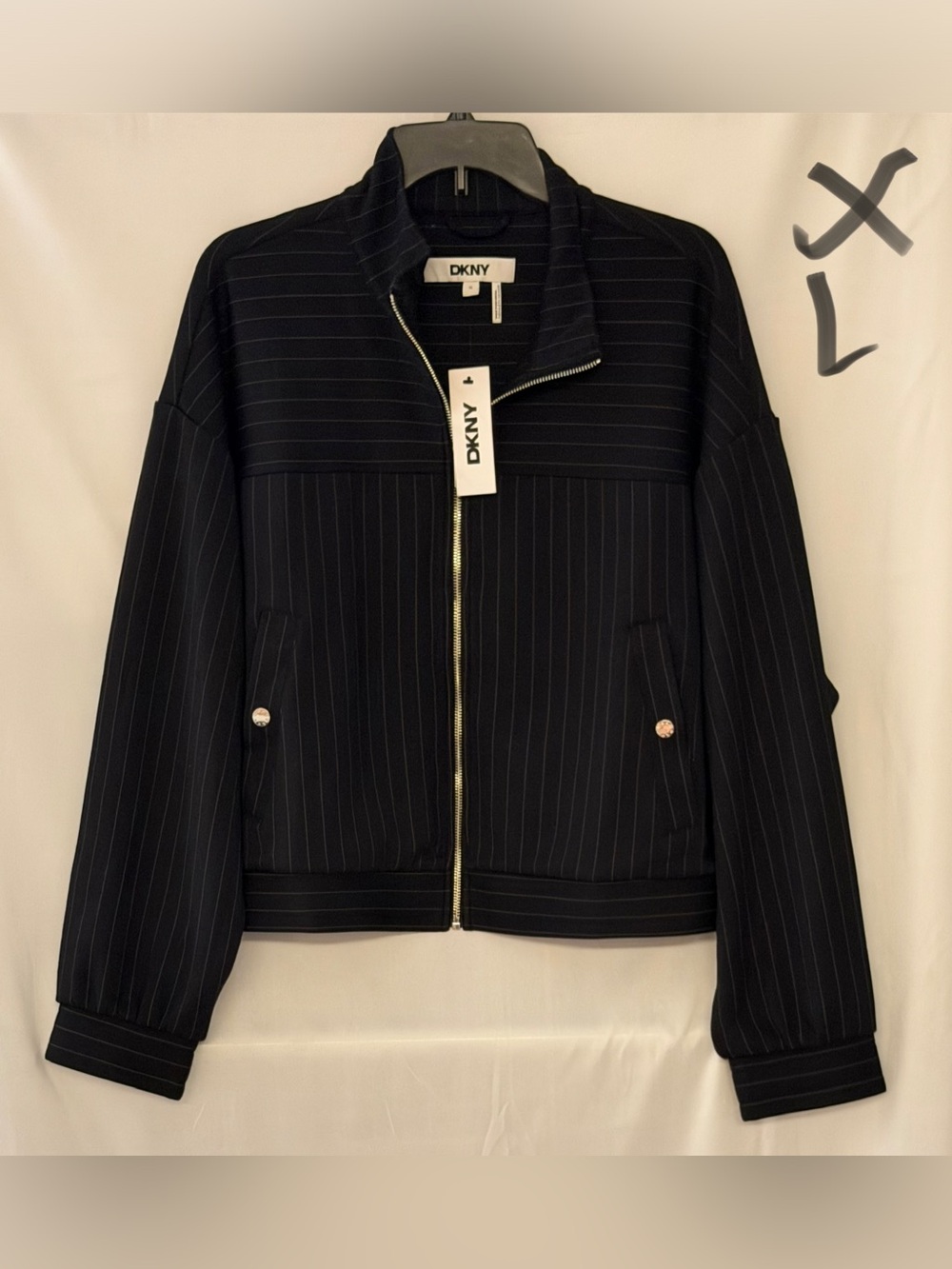 DKNY Black Pinstripe Bomber Jacket with Silver Zip